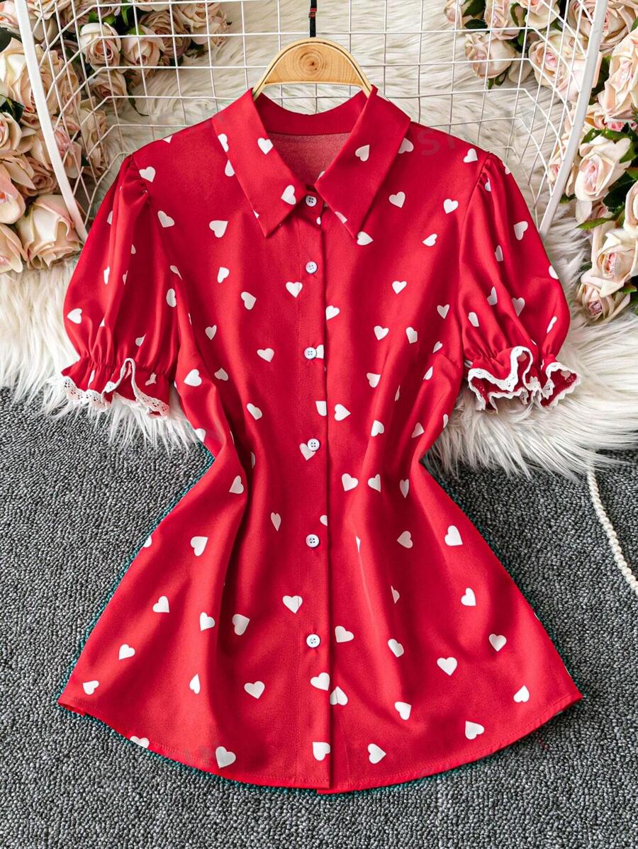 Calvaya Blusa con cuello y volantes de manga abullonada con estampado de corazón romántico para mujer, adecuada para una cita en el Día de San Valentín