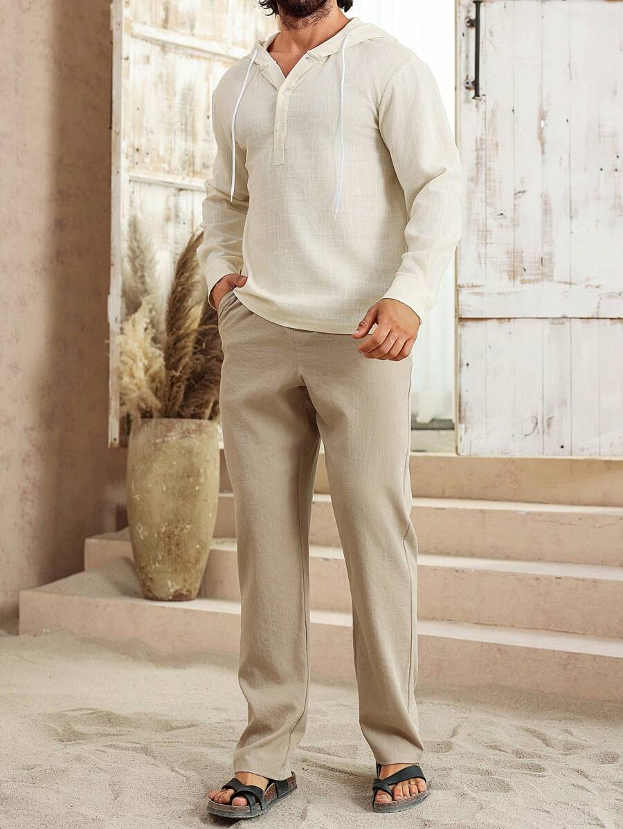 Manfinity Nomadique sweat-shirt à capuche casual à manches longues, boutons et demi-patte, couleur unie, automne pour hommes