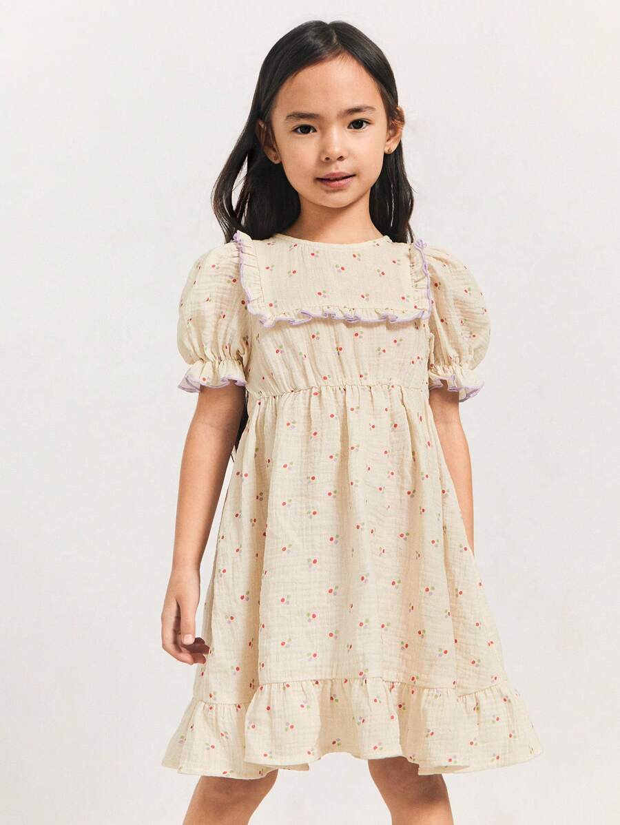THE HAPPY LOOK Young Girls' Polka Dot Pattern Woven Fabric Round Neck Ruffle Trim Puff Sleeve Gathered Waist Flared Hem Color Block Dresses, Pastoral Style