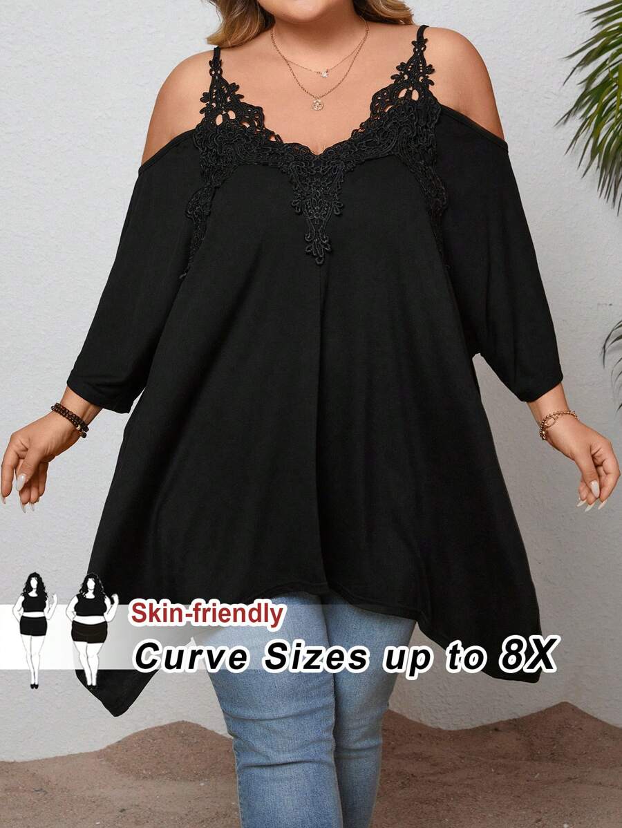 SHEIN CURVE+ Plus Size Summer Lace Collar Floral Patchwork Cold Shoulder Asymmetrical Hem T-Shirt Boho Vacation