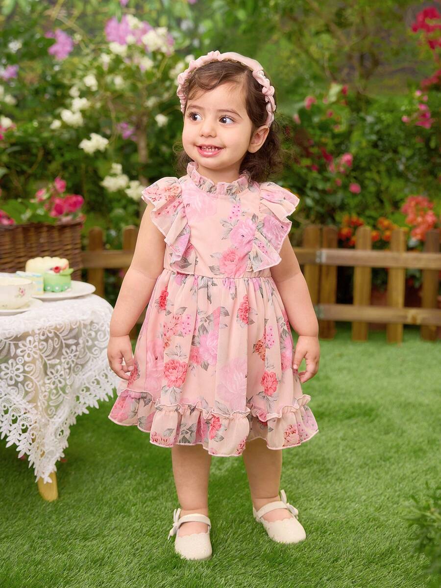 SHEIN Nouvelle robe de princesse douce à fleurs style Ditsy pour bébé fille, robe d'été sans manches