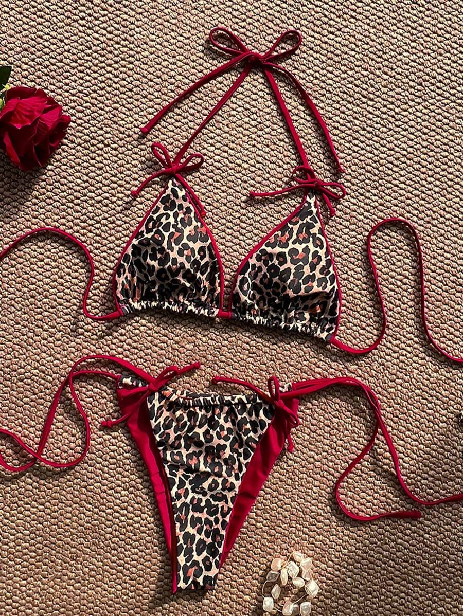 Swim SXY Summer Leopard Print Bowknot Front Halter Spaghetti Strap Bikini Swimwear Set For Women