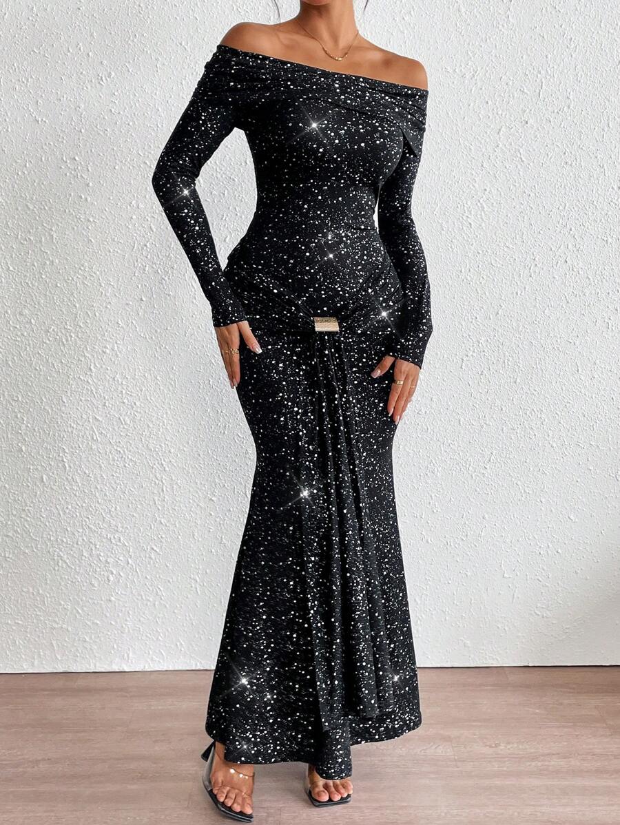 SHEIN Privé Elegant Off Shoulder Metallic Silver Decorative Button Mermaid Dress For Women, Party & Casual Wear, Spring/Autumn