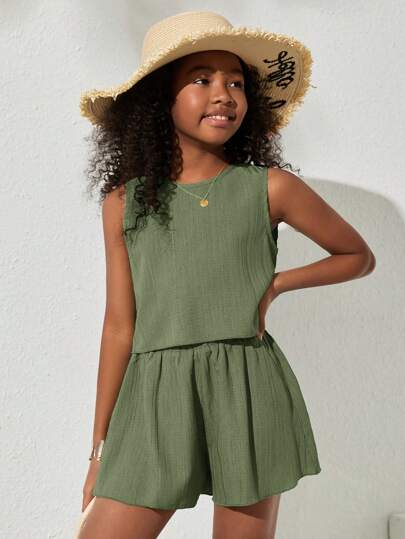 SHEIN SLAYR KIDS Tween Girls Casual Woven Solid Color Sleeveless Top And Loose Shorts Set