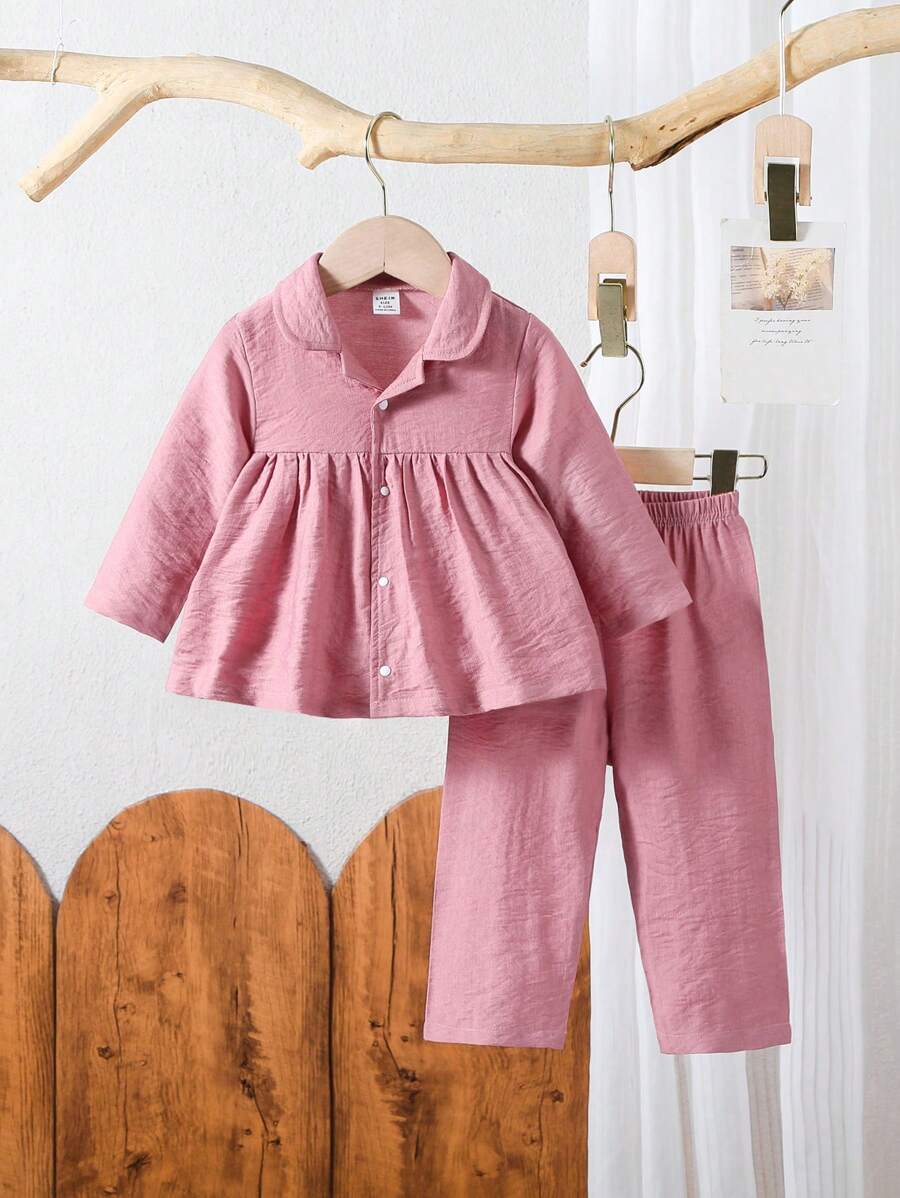 2pcs/Set Baby Girls' Pink Solid Color Casual Comfortable Loose Fit Pants And Long Sleeve Homewear Set