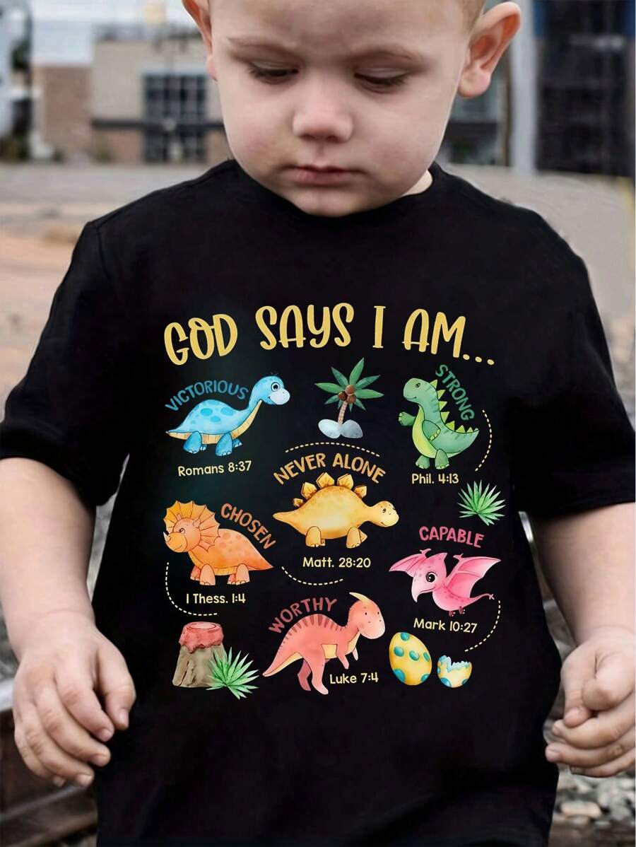 SHEIN Baby Boys' Casual Creative Cartoon Animal & Letter Print Short Sleeve T-Shirt, Fashion Basics