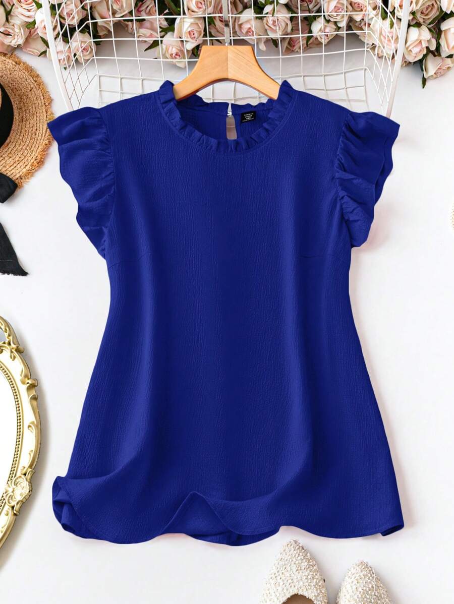 SHEIN LUNE Plus Size Solid Color Stand Collar Ruffle Hem Elegant Office Shirt