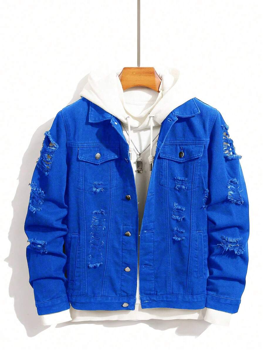 Manfinity EMRG Men's Casual Distressed Single-Breasted Denim Jacket, Autumn