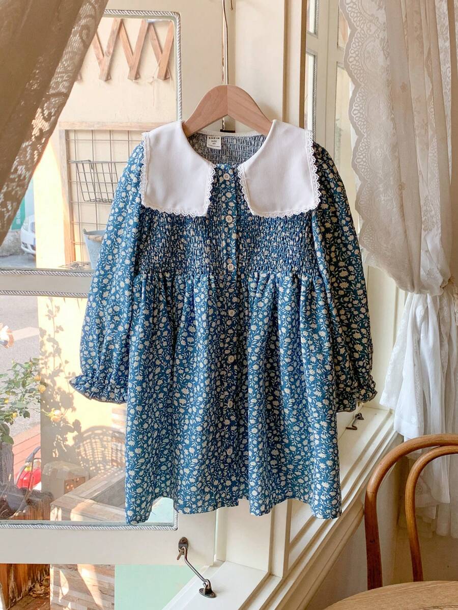 Blossori Young Girls' French Elegant Blue Ditsy Floral Color Block Collar Loose Woven Dress, Spring/Summer