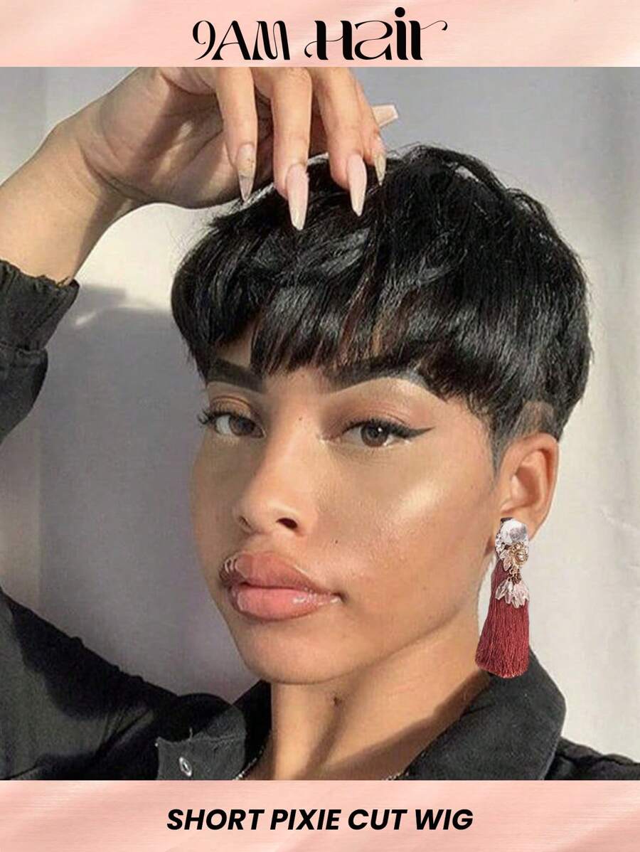 Korte Pixie Cut Wig Menselijk Haar Goedkoop Natuurlijke Golven Lijmloos Aan te Brengen & Te Gaan Menselijk Haar Pruiken Voor Vrouwen Dagelijks Gebruik Machinaal Gemaakt Natuurlijke Zwarte Kleur