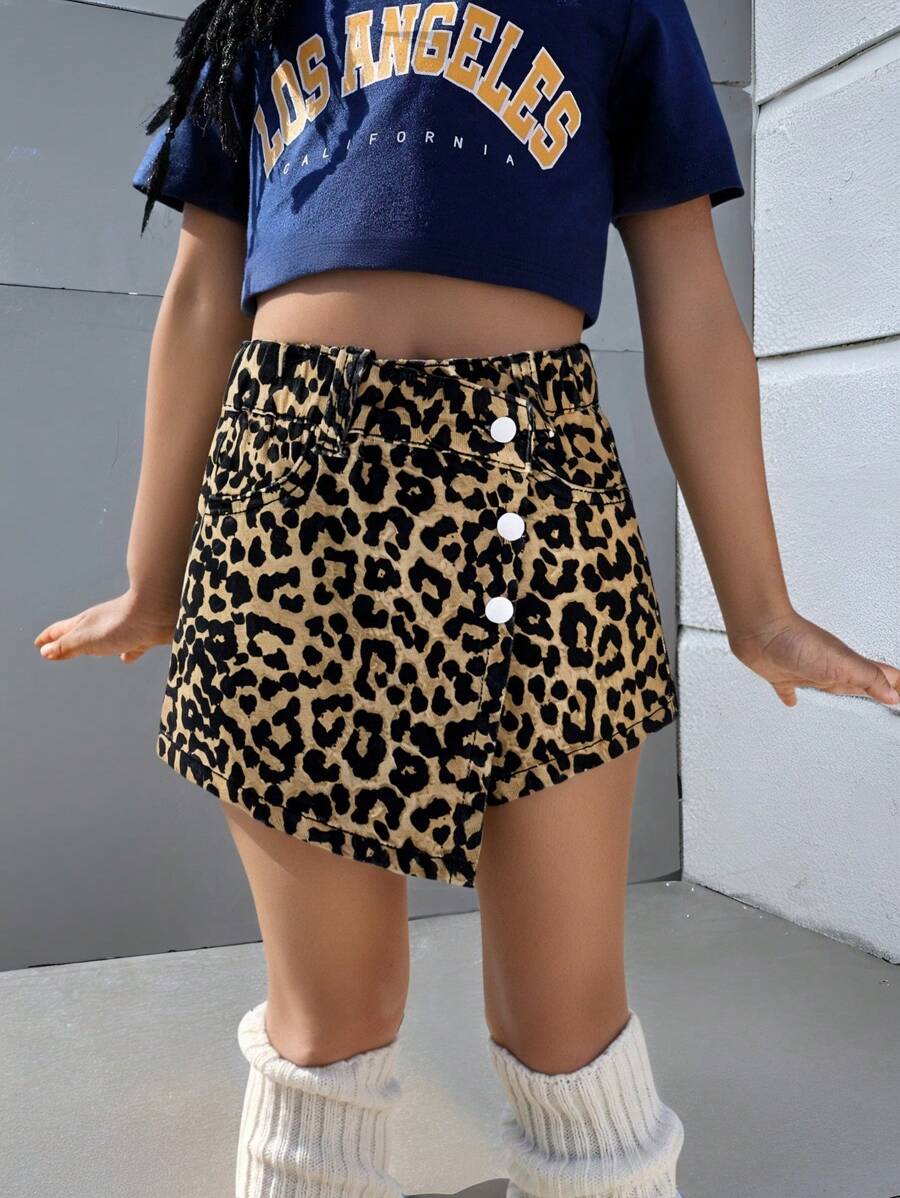 Young Girls Fashionable Leopard Pattern Washed Denim Skort