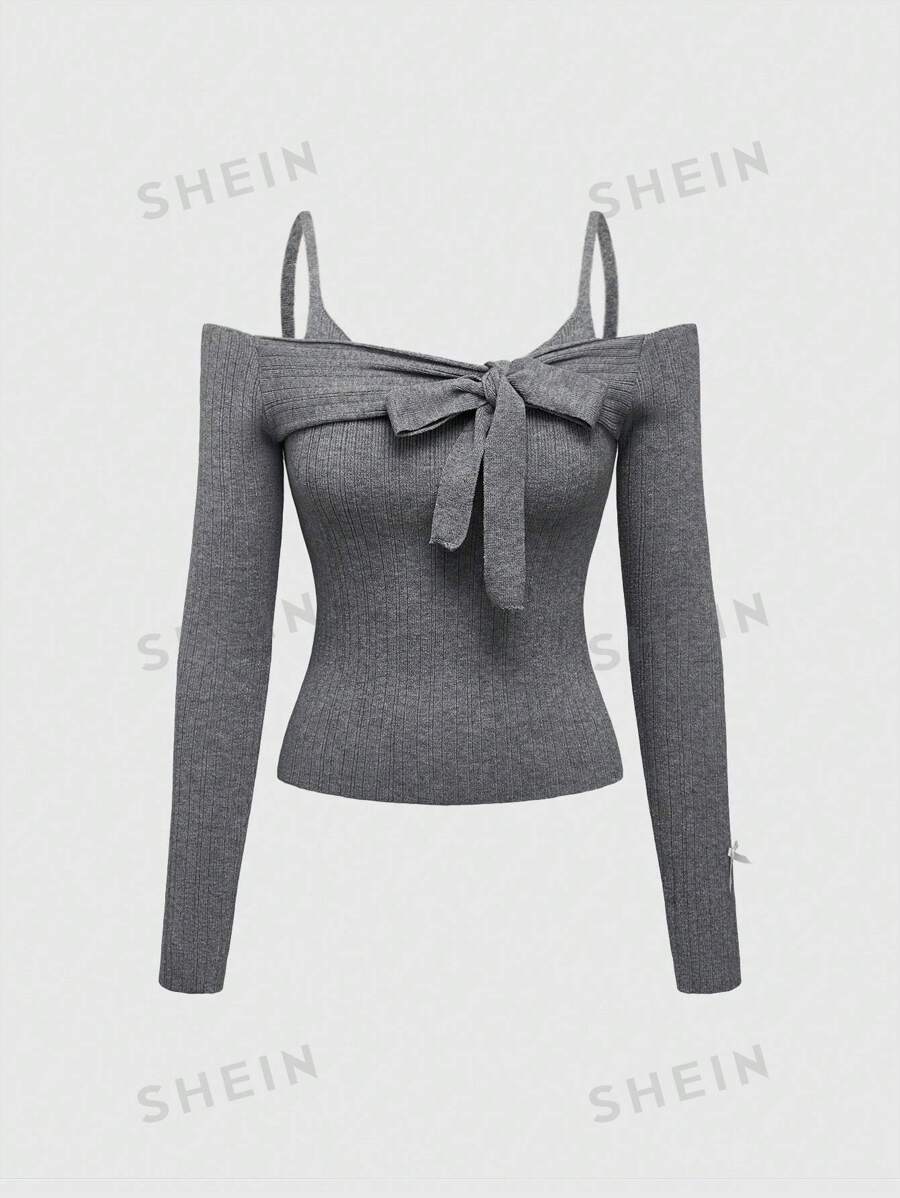 ROMWE Kawaii Suéter gris para mujer con mangas largas elásticas, cuello de volantes con lazo, hombros descubiertos y cintura elástica, de estilo elegante y dulce de primavera