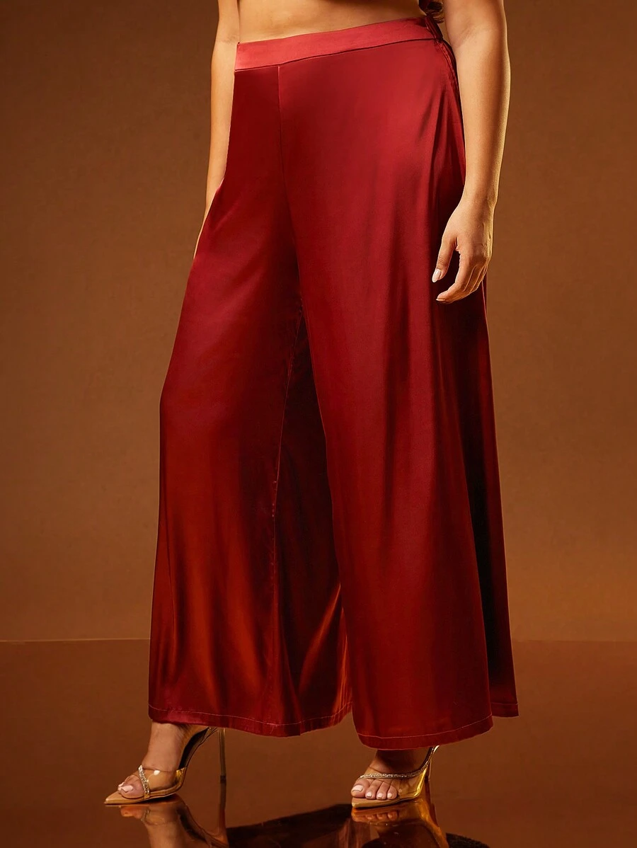 Hauture Summer Women Outfit, Women Clothes, Women Plus Size Burgundy Satin Solid Color Loose Simple Design Long Wide Pants, Casual Daily Wear, Women Pants, Wide Leg Pants. For Date Night, Concerts, Performances, Parties, Clubs, Evening, Music Festivals