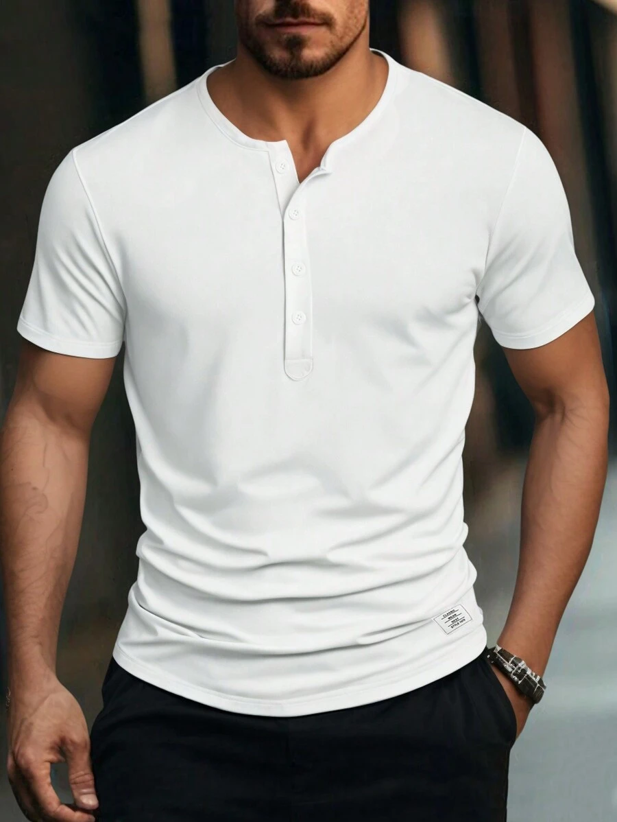 Manfinity RelaxMax Men's Solid Color Partial Button Half Placket Short Sleeve Casual T-Shirt
