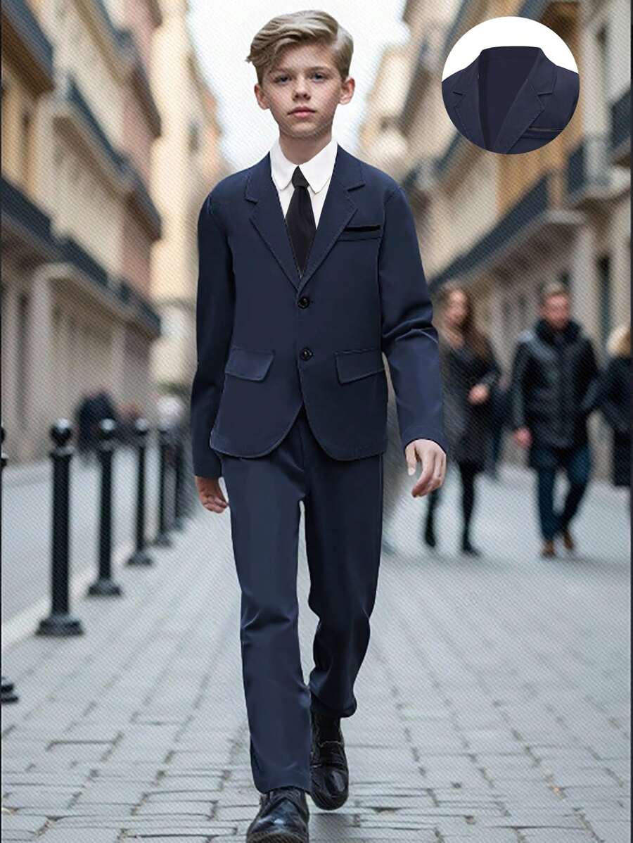 2pcs/Set Tween Boy Korean Style Slim Fit Formal Wear Suit Jacket + Casual Straight-Leg Pants, Suitable For School, Banquets, Gatherings, Hosting, Evenings, Performances
