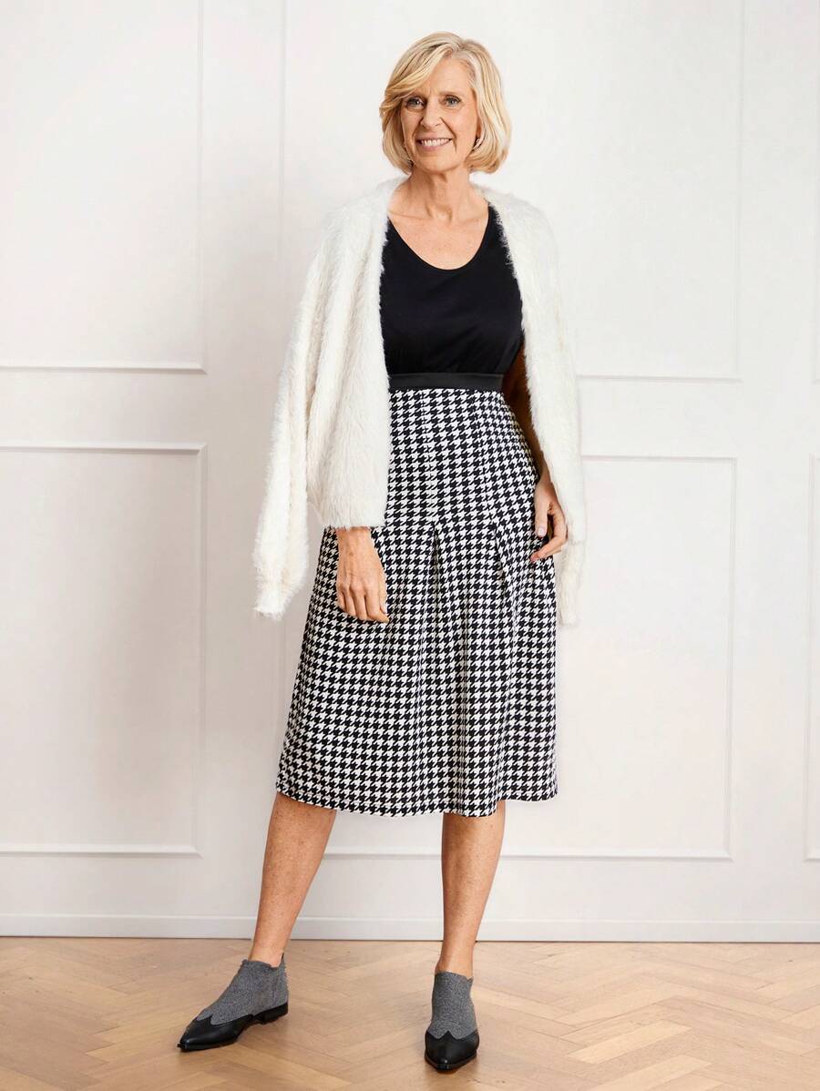 Miaspire Falda plisada con estampado de pata de gallo para mujer, elegante atuendo de mujer para otoño, Día de San Valentín, Año Nuevo, primavera