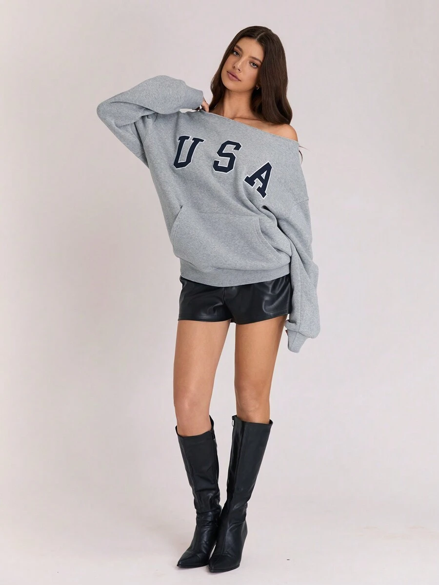 TRNVIE 1st Dames Fleece Sweatshirt Met Borduurontwerp, Open Schouder, Casual, Dagelijkse Kleding Voor De Winter