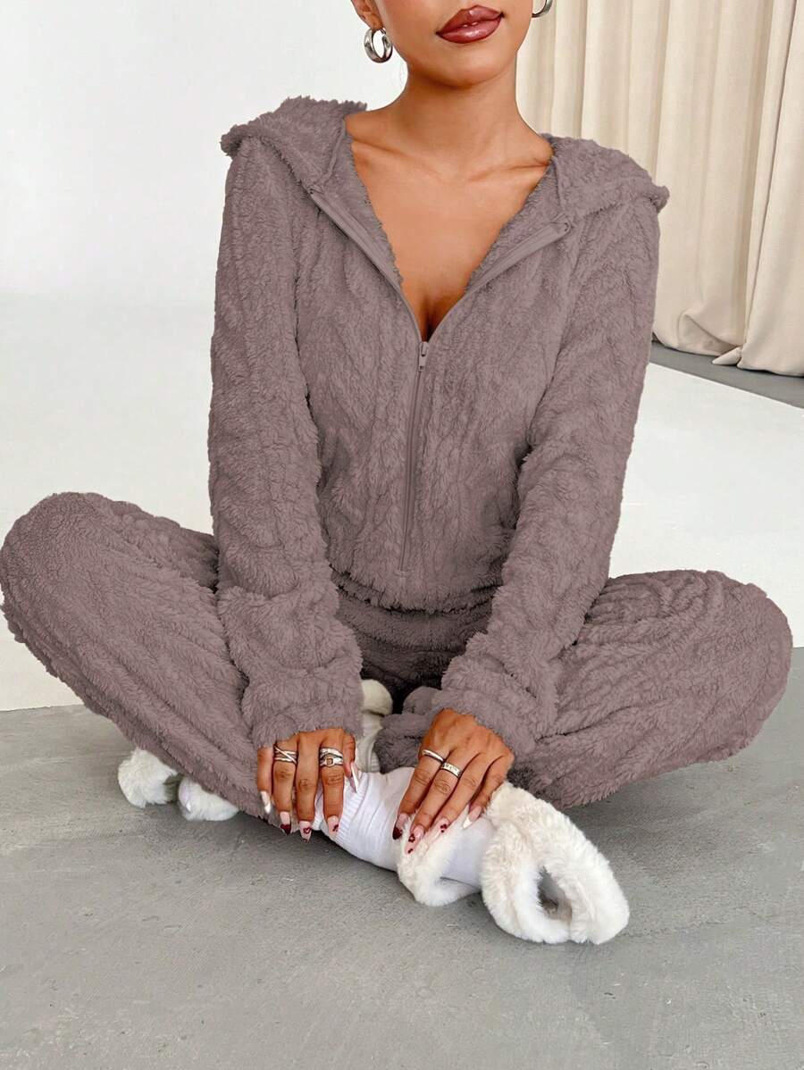 Flirla Women's Solid Color Plush Hooded Long Sleeve Deep V Sexy Jumpsuit (Random Cut)