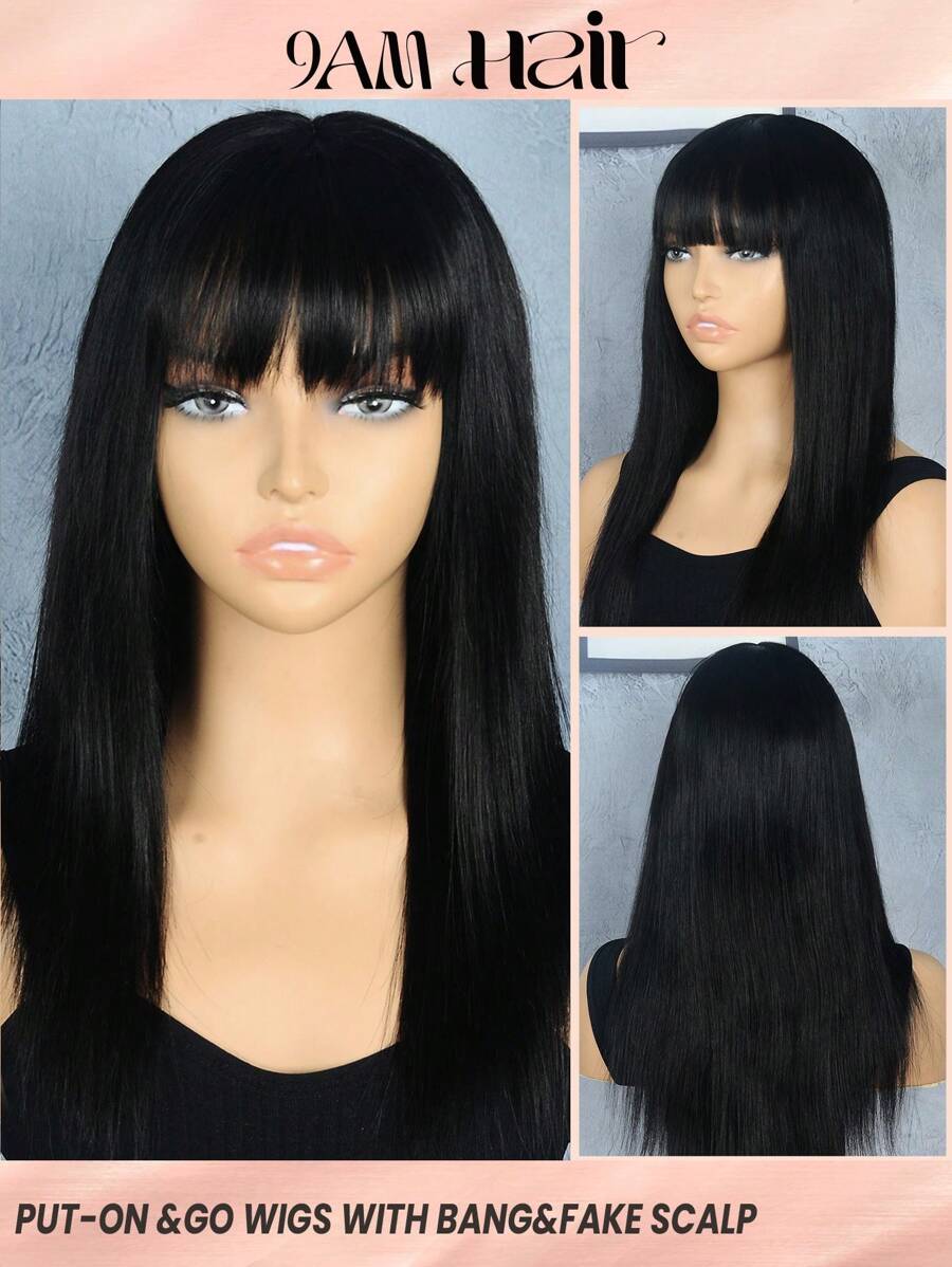 180% Density Straight Human Hair Wig With Bangs 12-14 Inch Natural Black Remy Scalp Top Full Machine Made Wigs For Women Daily Use