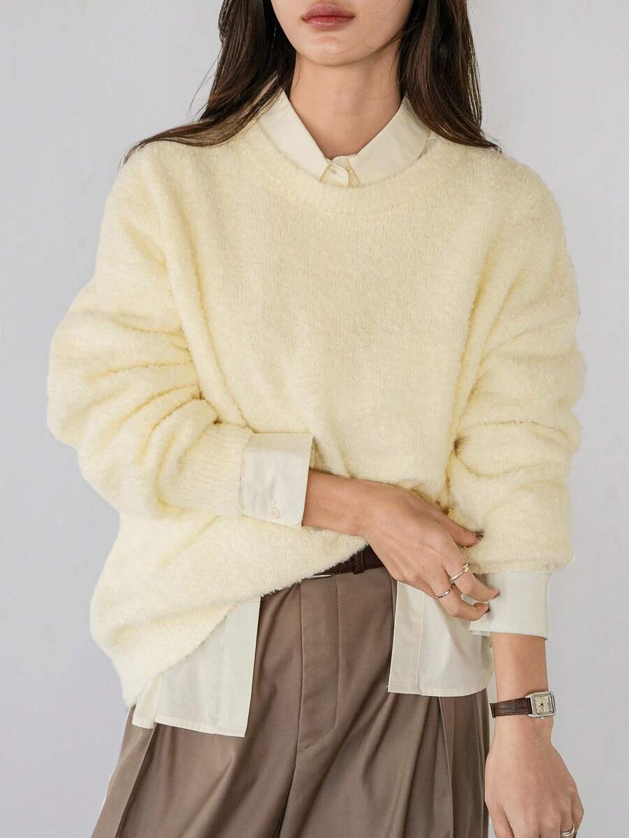 DAZY 1pc Women Loose Casual Solid Color Round Neck Long Sleeve Sweater, Autumn/Winter
