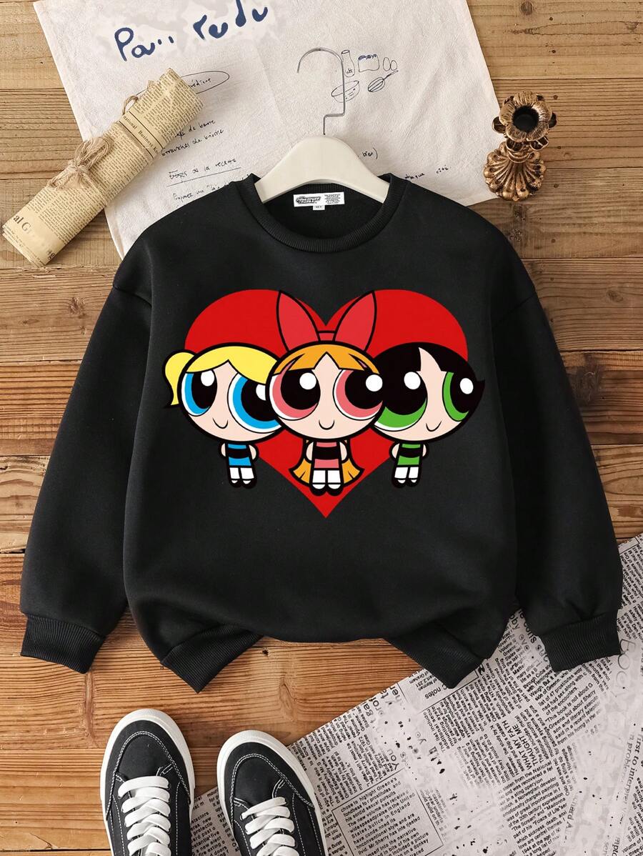 THE POWERPUFF GIRLS X SHEIN Tween Girl Casual Pattern Round Neck Long Sleeve Sweatshirt, Suitable For Autumn/Winter, Valentine's Day