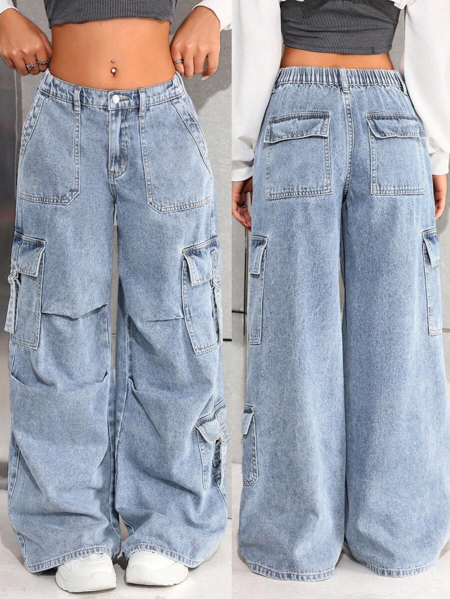 SHEIN Jeans casuales holgados de mezclilla con bolsillos, pliegues y diseño de pierna ancha para adolescentes, con botones, bolsillos y cremallera, cintura baja y pierna ancha, color azul claro holgado para niñas, para primavera/verano, uso casual diario, atuendos de verano bohemio, rave y festival