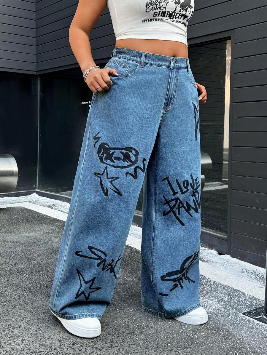 SHEIN EZwear Plus Size Women's Letter Print Pocket Wide Leg Jeans