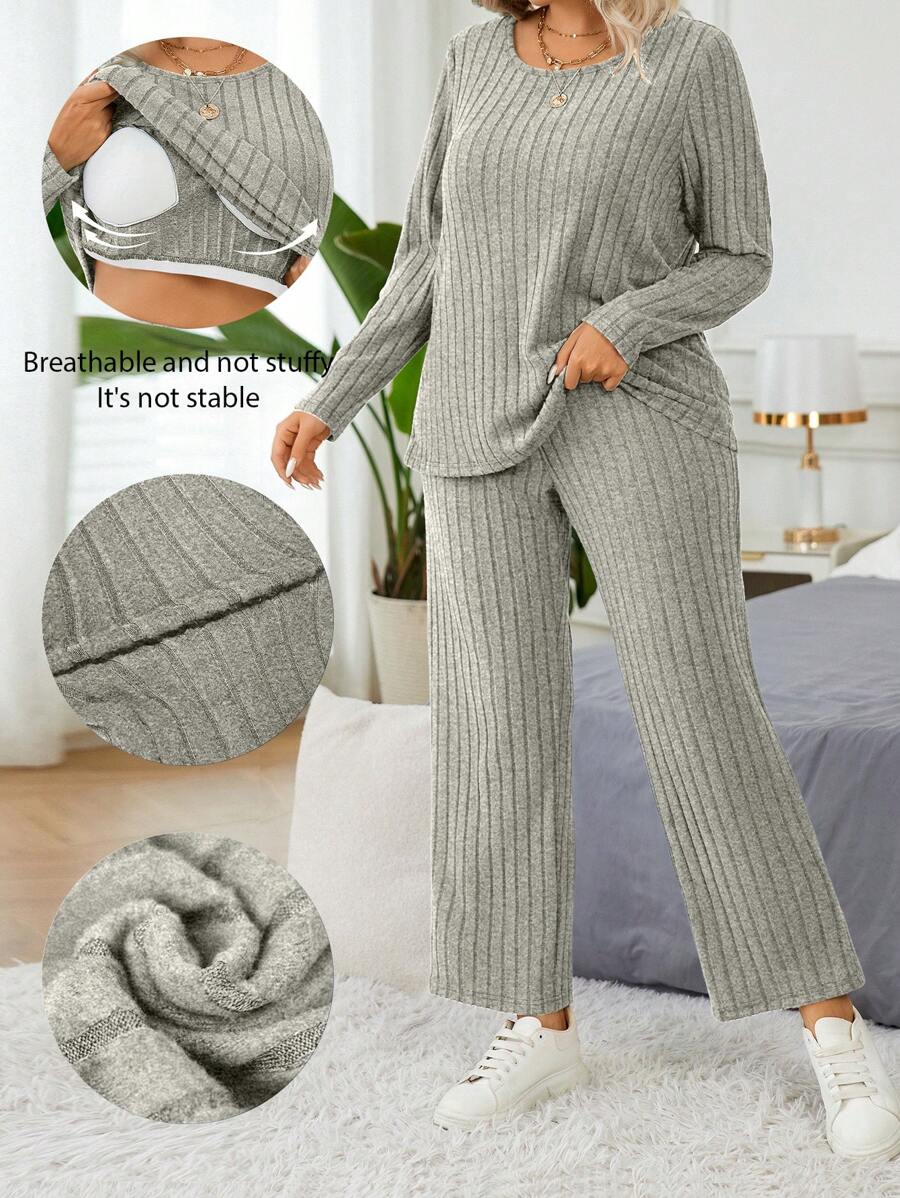 EMERY ROSE Set de 2 piezas con pantalones y top de manga larga acanalado de terciopelo casual con relleno incorporado en el pecho