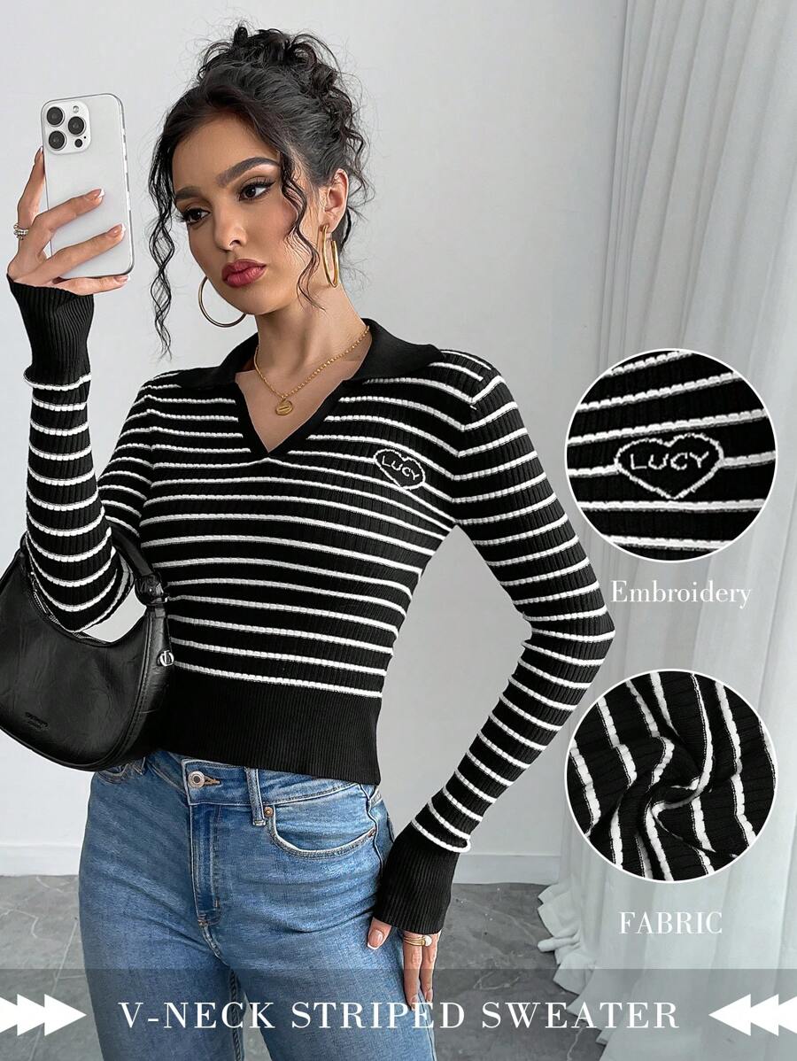 Chiquease Stylish Color-Block Striped Knitted Long Sleeve Sweater Top, Heart Embroidery Ribbed Waist Design, Versatile For Women