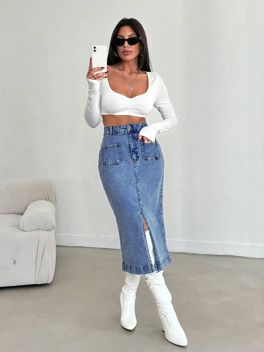 RueChic Mid Waist Back&Front Slit Denim Skirt