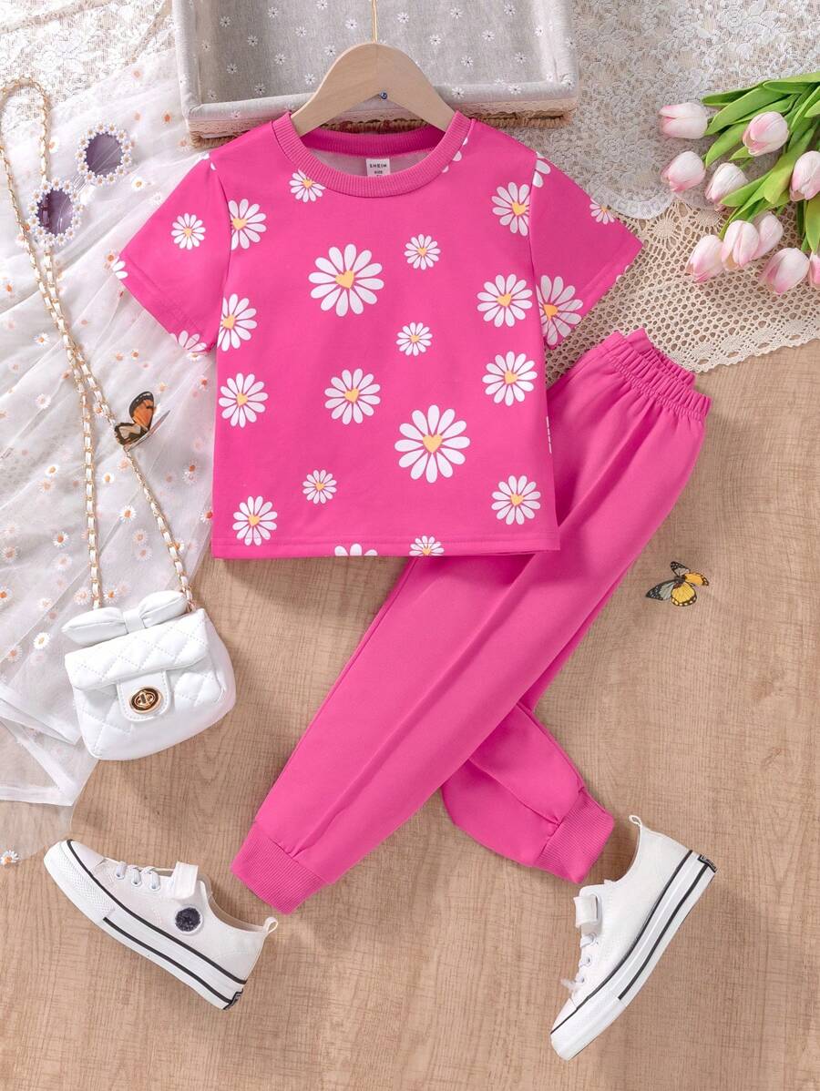 2pcs Young Girl Casual Pink Flower Short Sleeve T-Shirt & Drawstring Pants Set