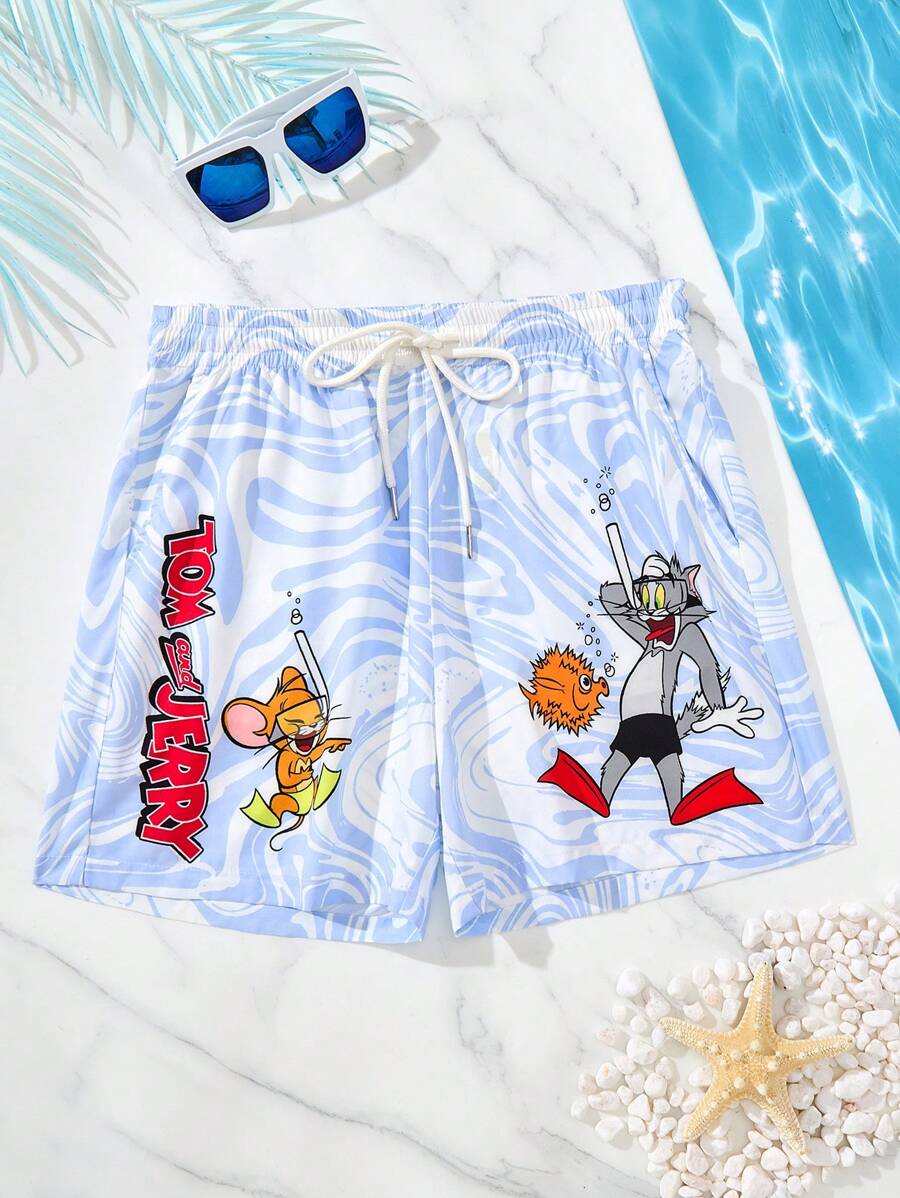 TOM & JERRY X SHEIN Shorts de plage pour hommes avec cordon de serrage à la taille et motif graphique de dessin animé