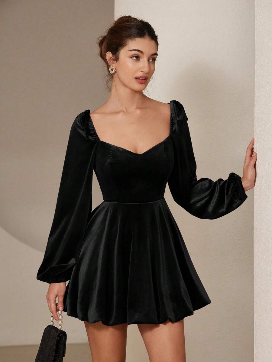 Aveloria Rosie Elegant Vintage Sweetheart Neck Bow Design Velvet Burgundy Peplum Hem Women Dress