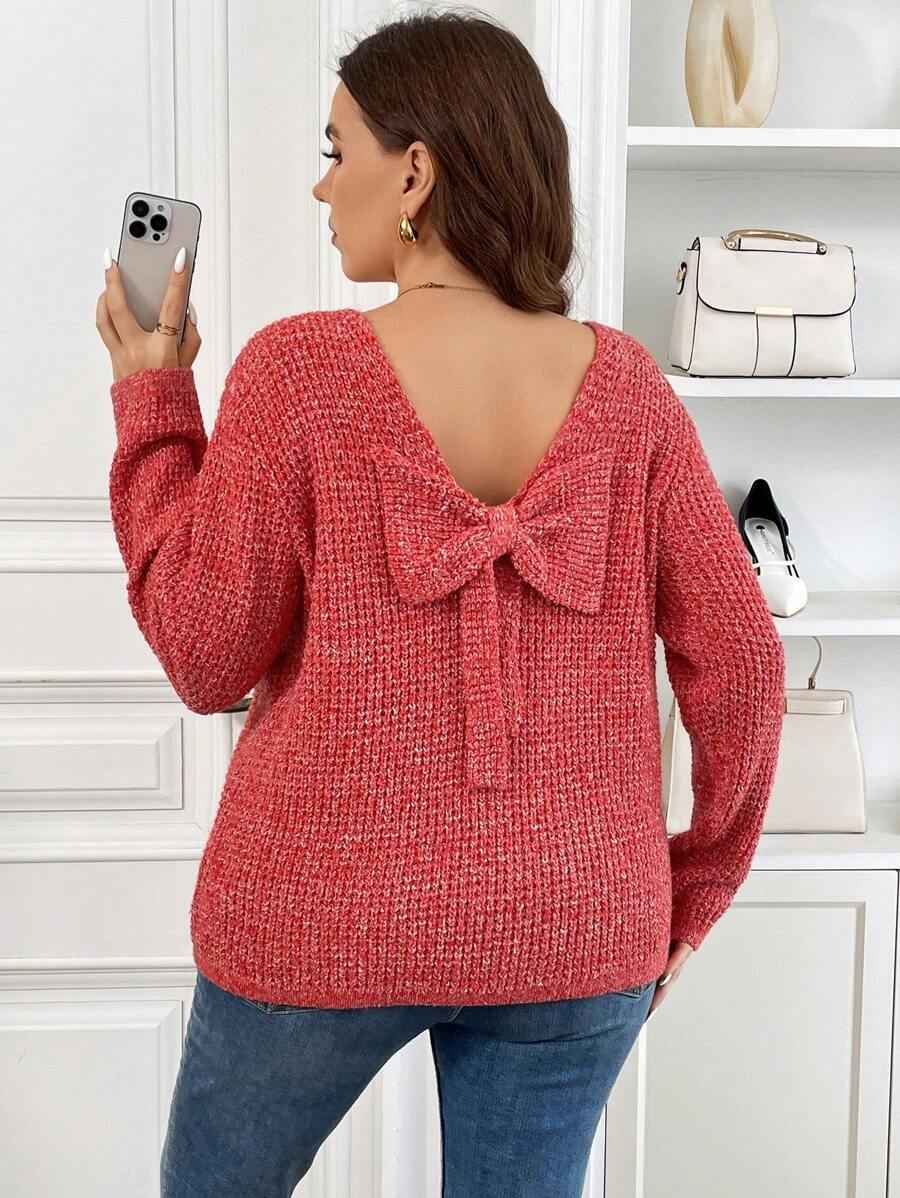 SHEIN Frenchy Plus Size Women Bow Decor Long Sleeve Casual Sweater, Autumn/Winter