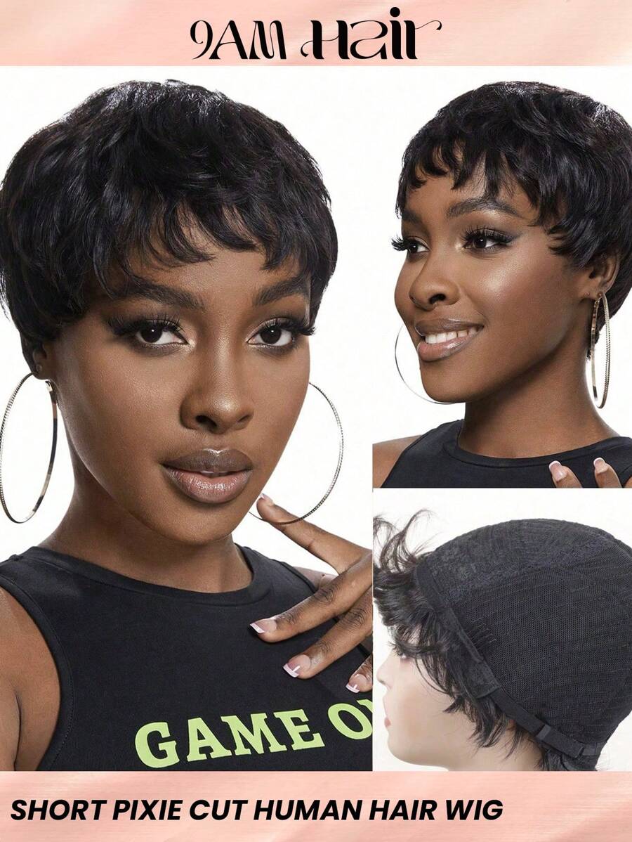 Short Pixie Cut Wig Natural Black Color Wave Bob Human Hair Wig With Bangs