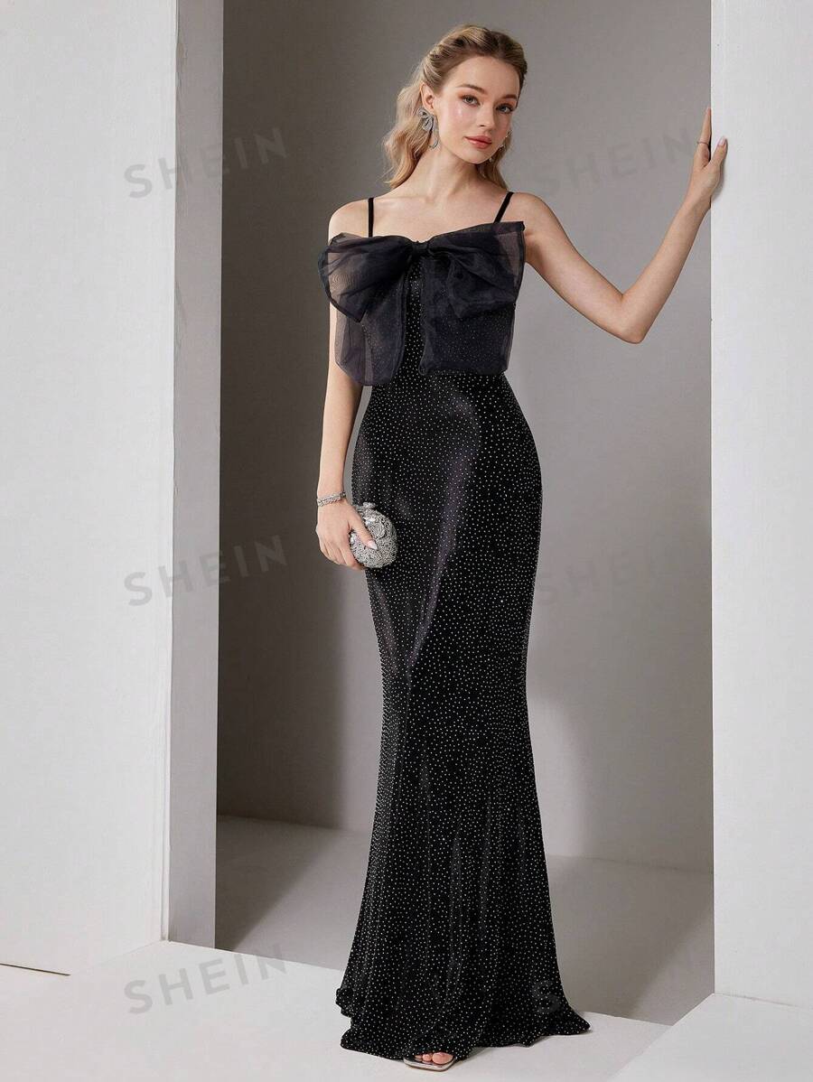 SHEIN Belle Vestido de noche elegante formal de lujo con suspensores finos, diseño de lentejuelas elásticas negras, para fiesta, cóctel y cena (artesanía exquisita). Vestido largo con volumen extra de cola de pez, con diseño de flor 3D, para graduación y eventos de boda