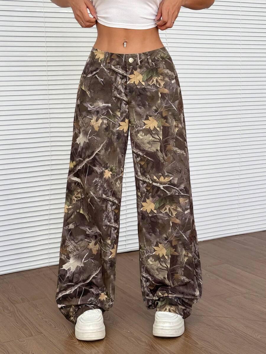 SHEIN EZwear Women's Loose Casual Wide Leg Pants With Branch Print