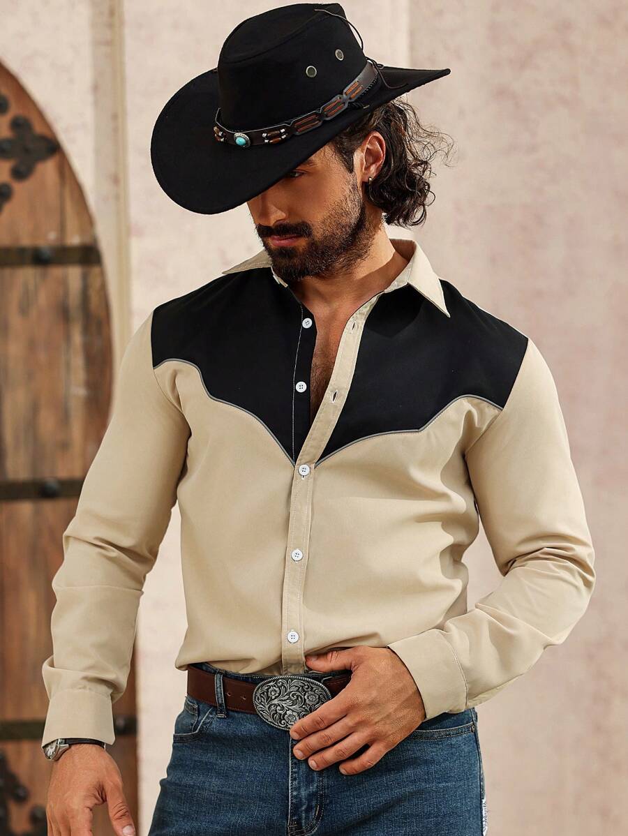 Manfinity Nomadique Men Rodeo Color Block Patchwork Button Front Long Sleeve Minimalist Casual Top, Daily Wear