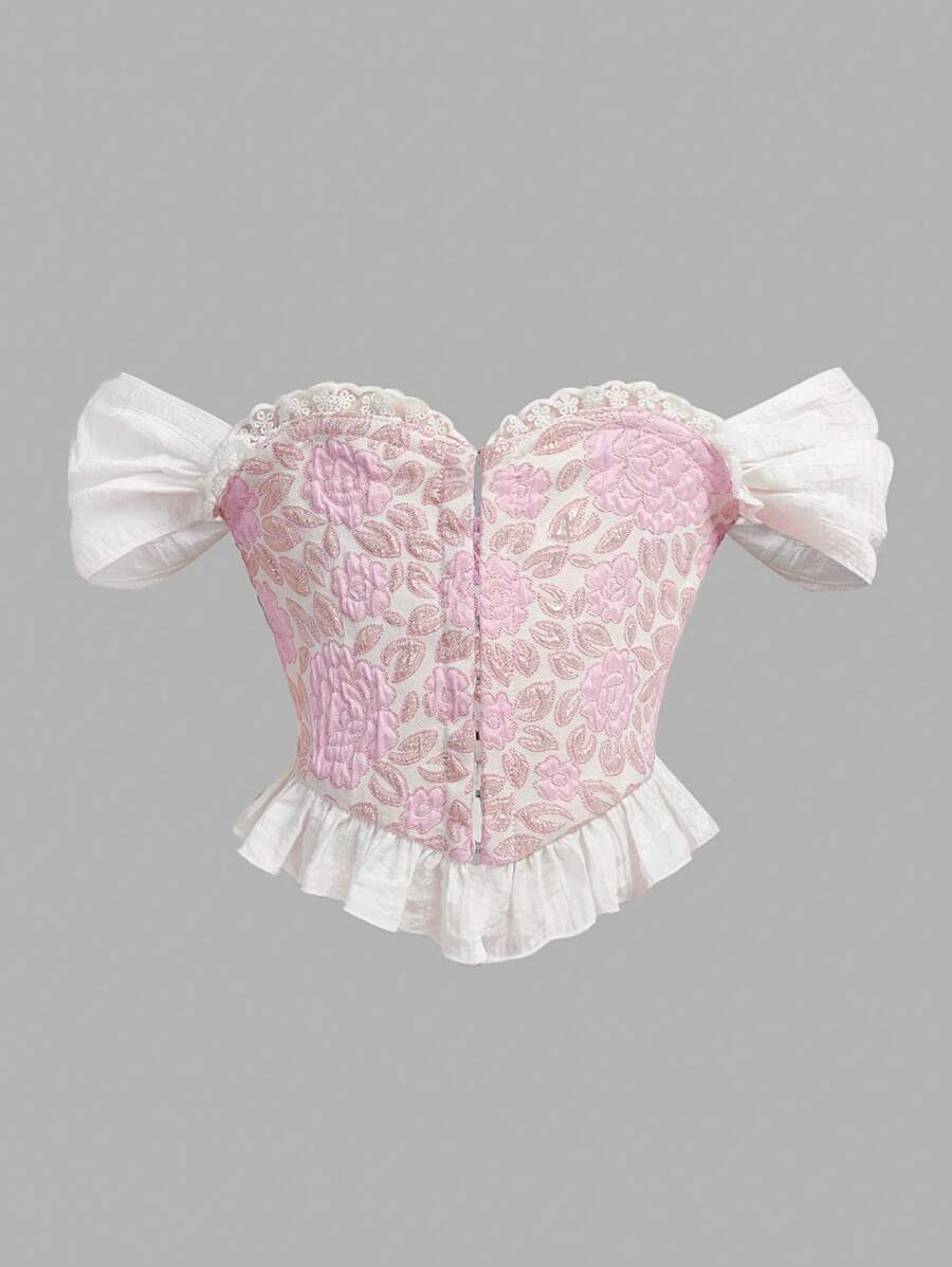 SHEIN Top con struttura a corsetto, scollo a spalle scoperte, volant sul fondo, in tessuto jacquard, elegante per ragazze, adatto per primavera/estate