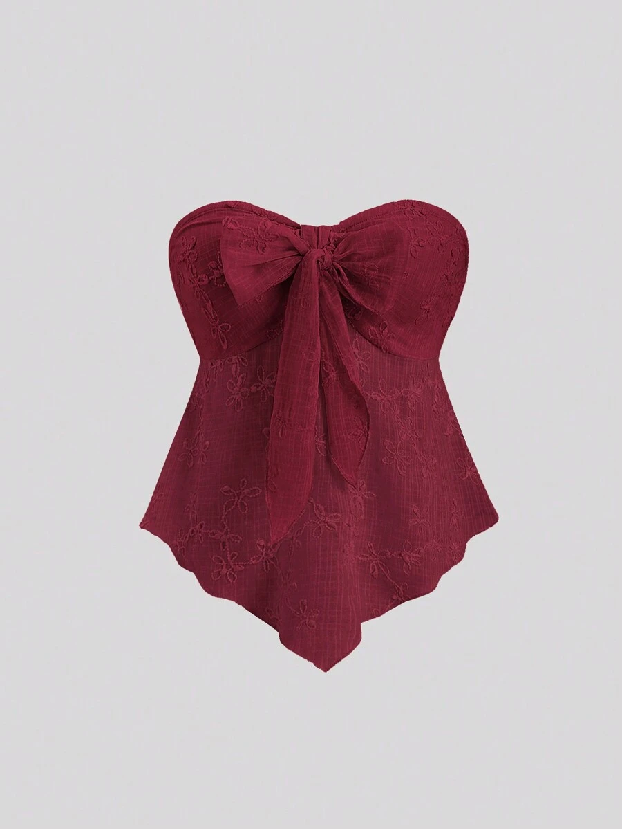 Sweetra Y2K Outfit met getextureerde stoffen strapless top met knoop aan de voorkant