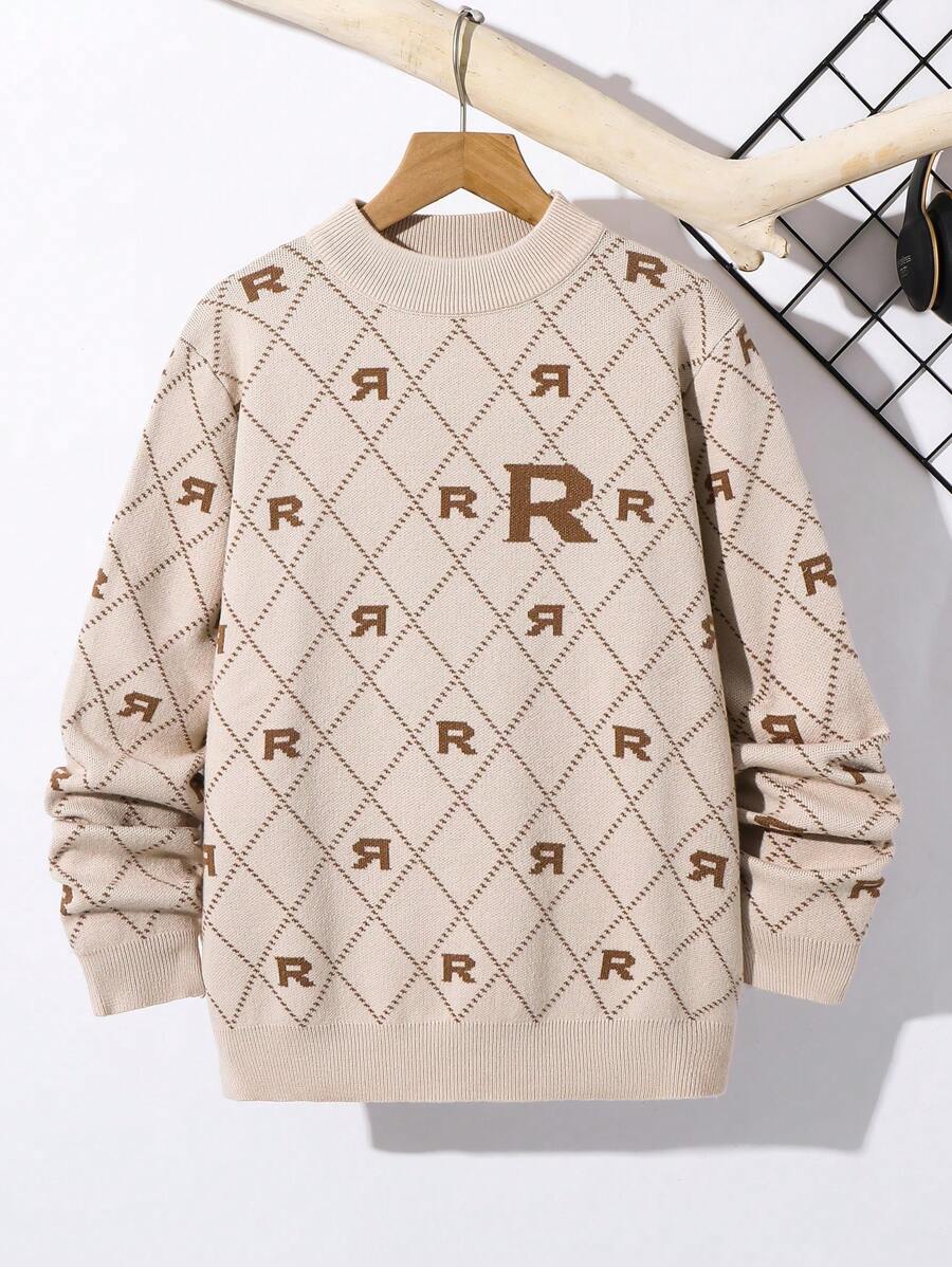 Tween Boys Casual Loose Letter Allover Jacquard Pattern Crew Neck Sweater, Suitable For Commuting, School, Daily Casual Wear, Sports, Spring Summer Autumn Winter