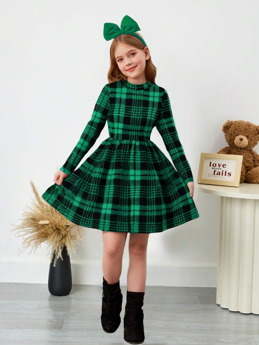 SHEIN Tween Girl Casual Knit Plaid Stand Collar A-Line Long Sleeve Christmas Dress