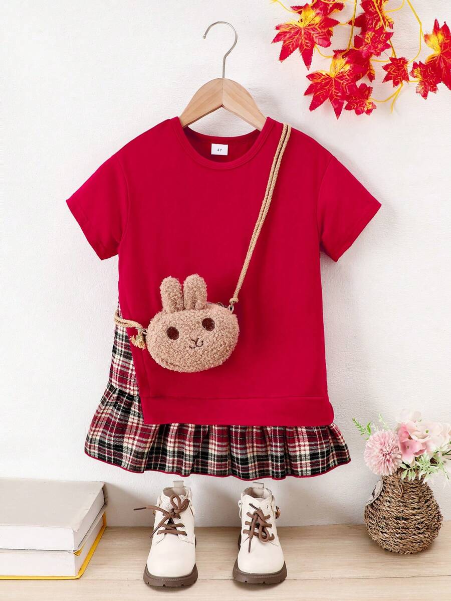 SHEIN Young Girl Casual Plaid Print Short Sleeve Dress & Round Neck Short Sleeve Knitted Plaid Skirt Hemline Dress, Suitable For Spring And Summer