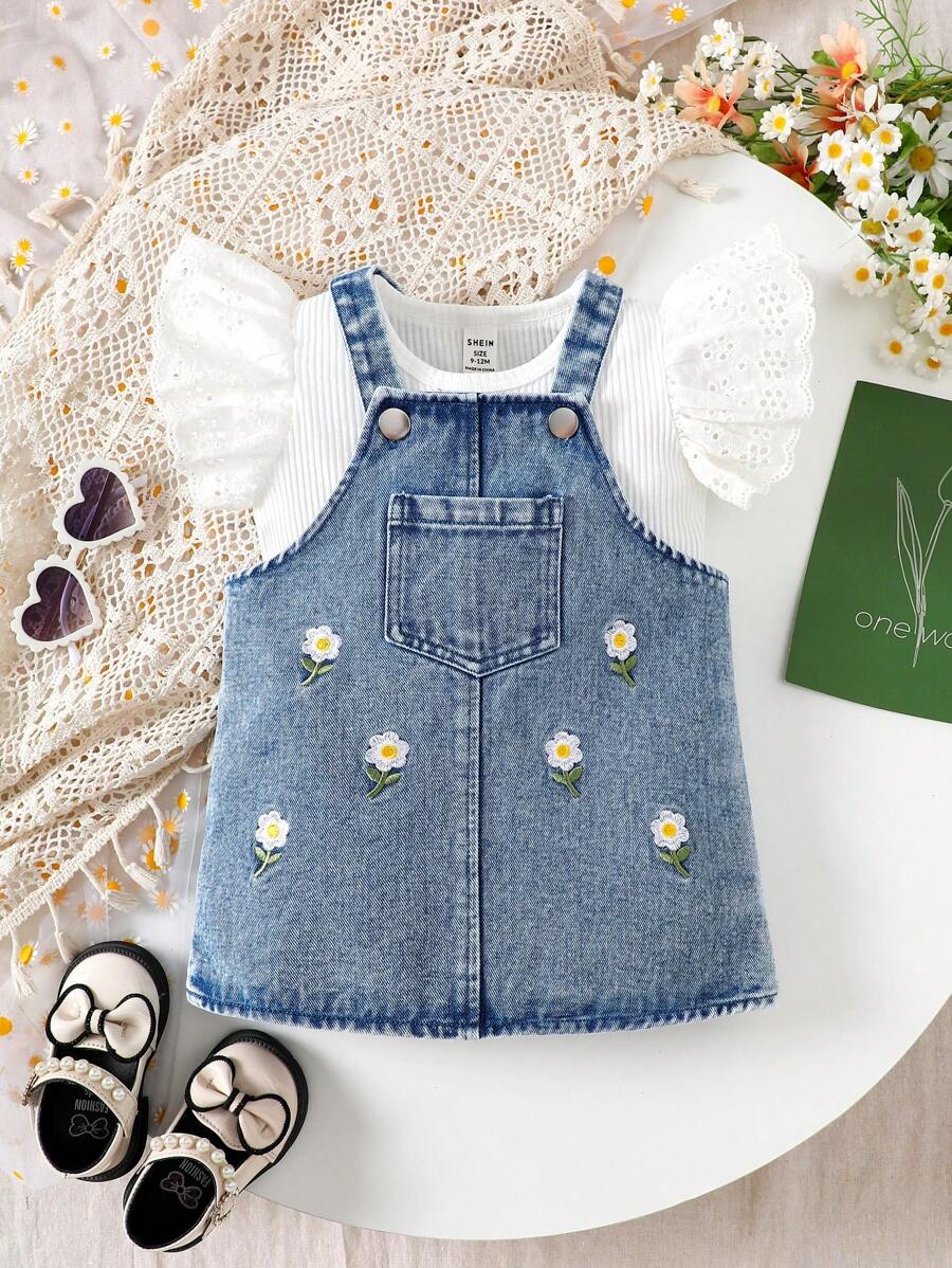 SHEIN 2pcs Baby Girls White Ribbed Top + Blue Jean Embroidered Suspender Dress With Pockets, Suitable For Outdoor