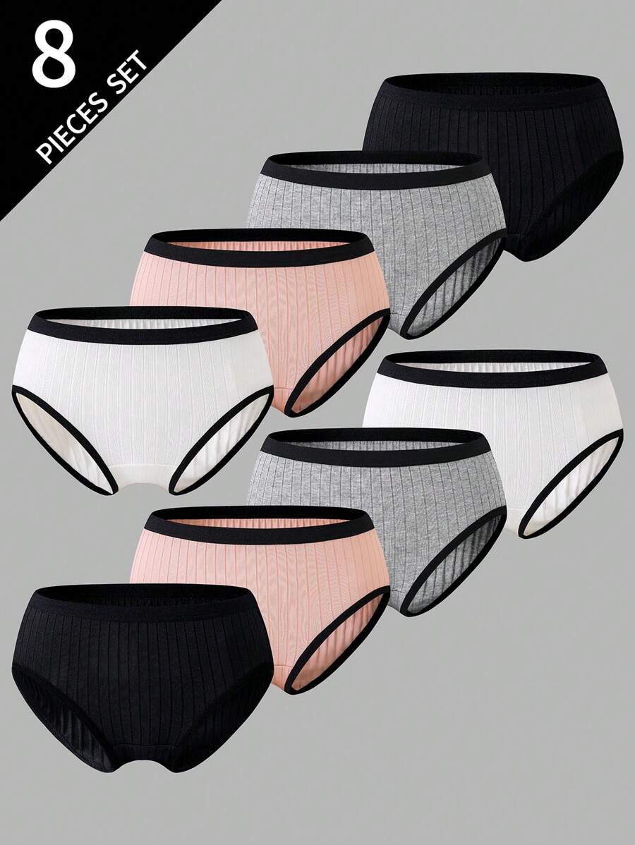 8 peças Conjunto de Roupas Íntimas de Algodão de Textura Sólida para Meninas, Pré-adolescentes