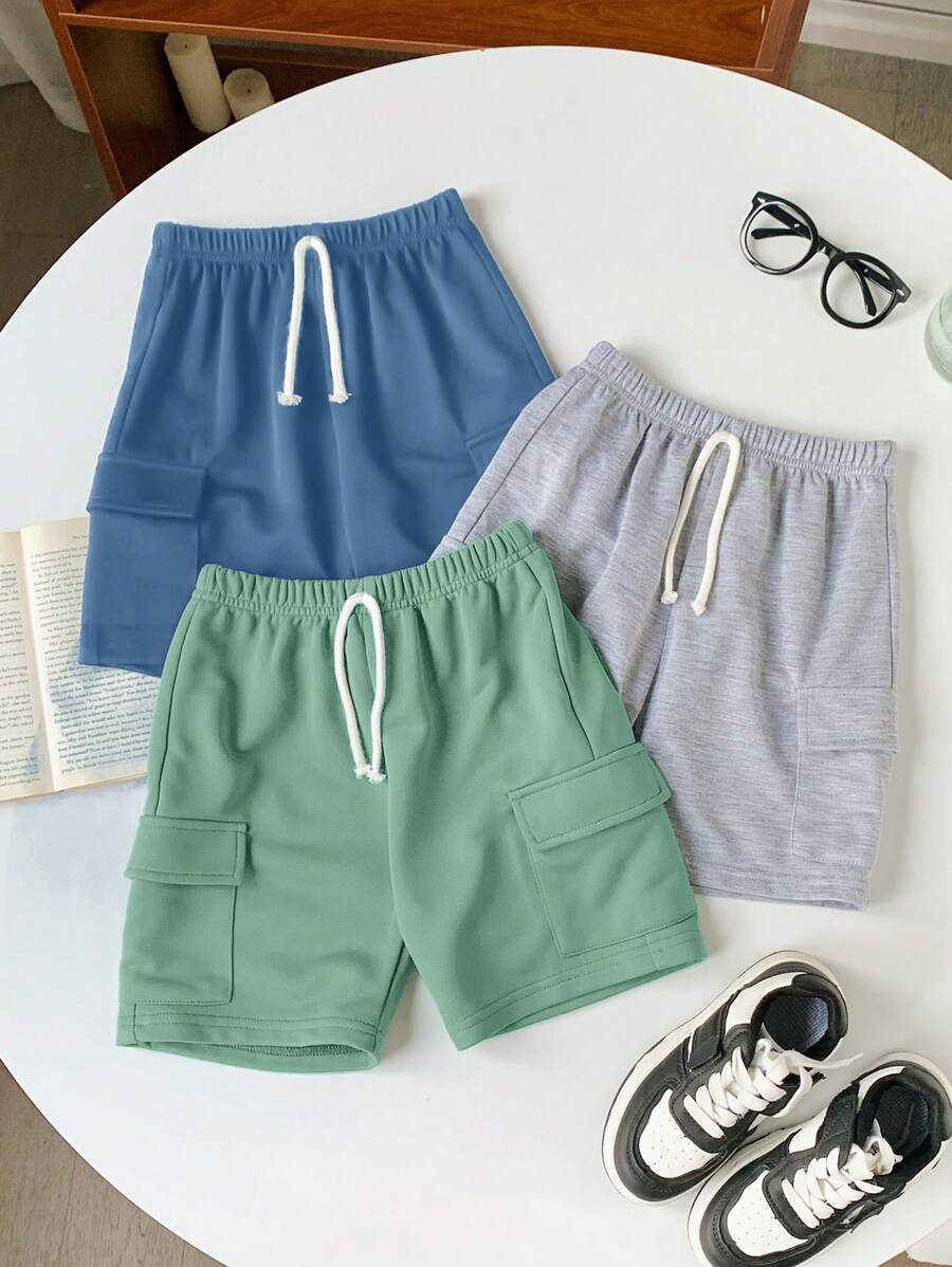 SHEIN 3pcs Young Boys Casual Sports College Street Style Cute Plain Drawstring Waist Loose Knit Shorts, Suitable For Daily Wear, School, Outing, Sports, Spring & Summer
