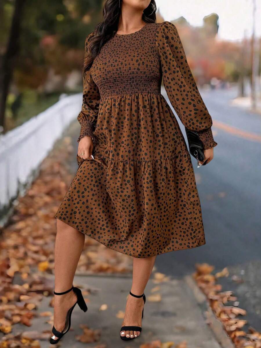 SHEIN LUNE Plus Size Women Polka Dot Puff Sleeve Casual Dress