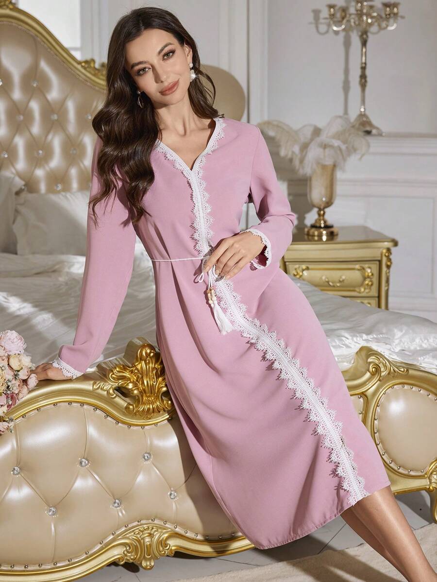 PalaceNights Color Block Lace Trim V-Neck Long Sleeve Women Sleepwear With Tassel Belt
