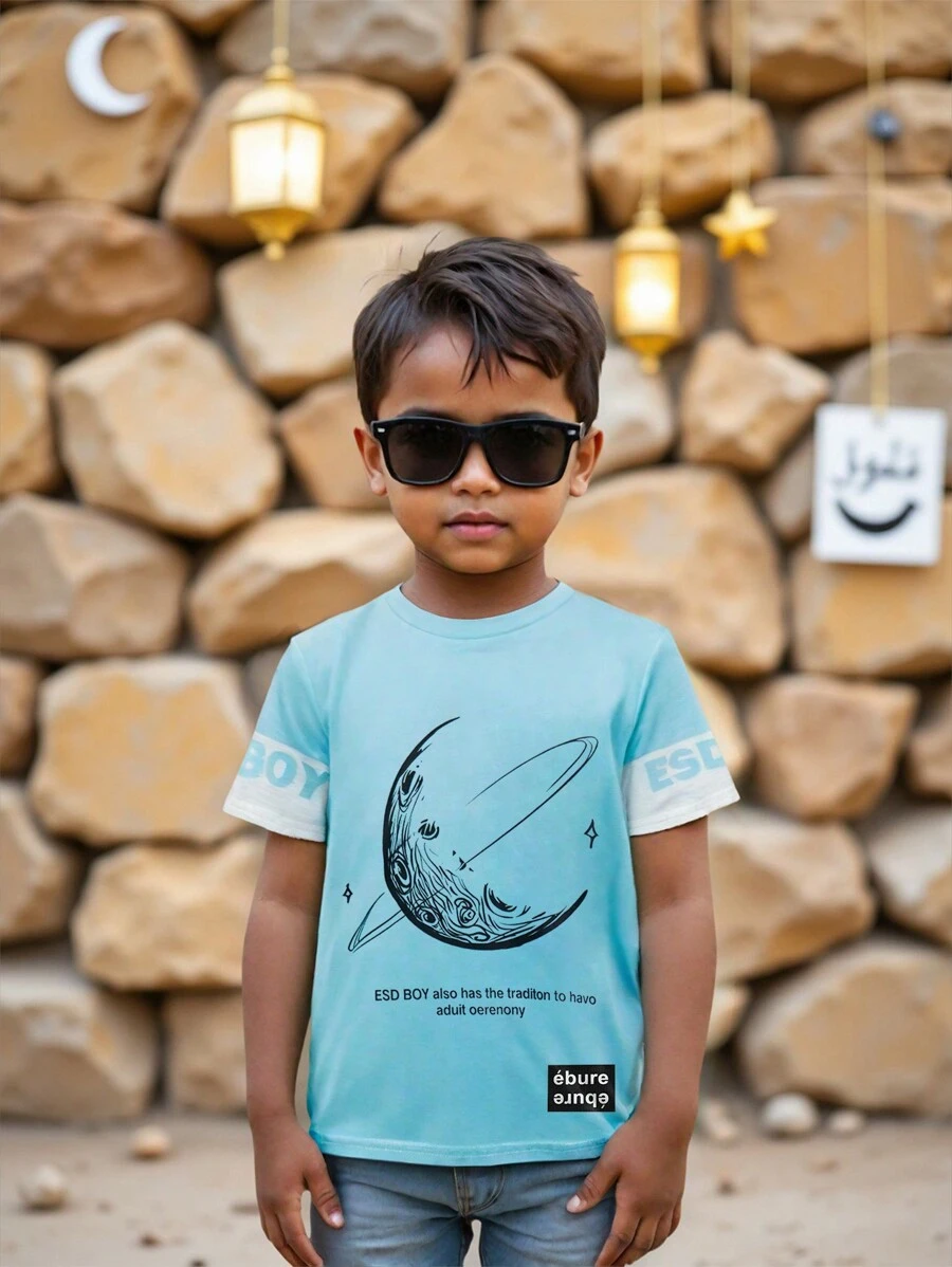 SHEIN Camiseta de manga corta para niño, nuevo estilo de primavera y verano, camiseta de cuello redondo de marca de con estampado divertido de luna, tierra y símbolos, informal, holgada y cómoda, conjuntos a juego familiar