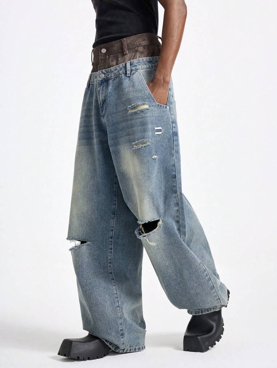 NEON BLANC Denim Cintura Dupla de Perna Larga Estilo Urbano para Homens
